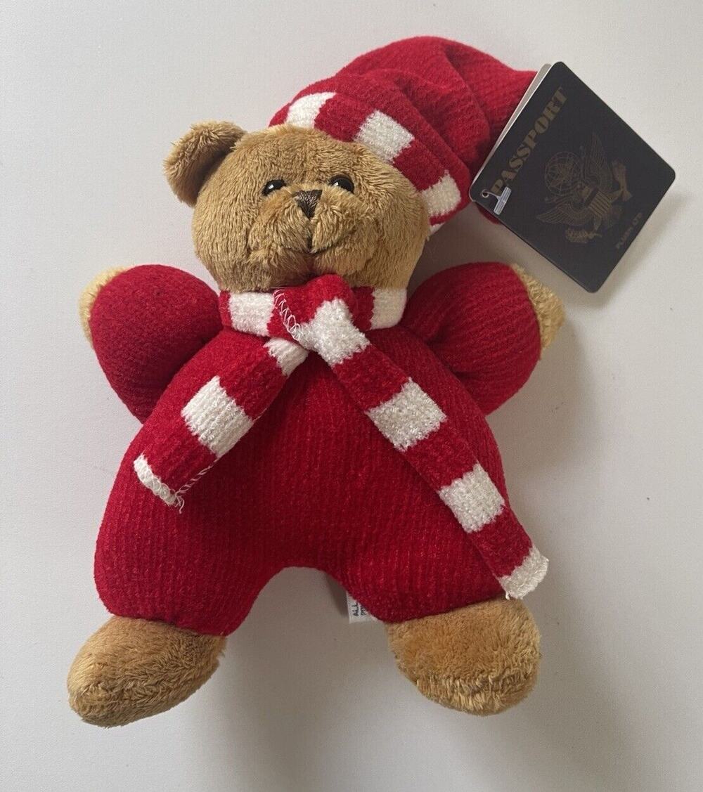 NEW Passport Plush Toys Brown Teddy Bear Rattle Red Hat Scarf Toy Lovey NWT